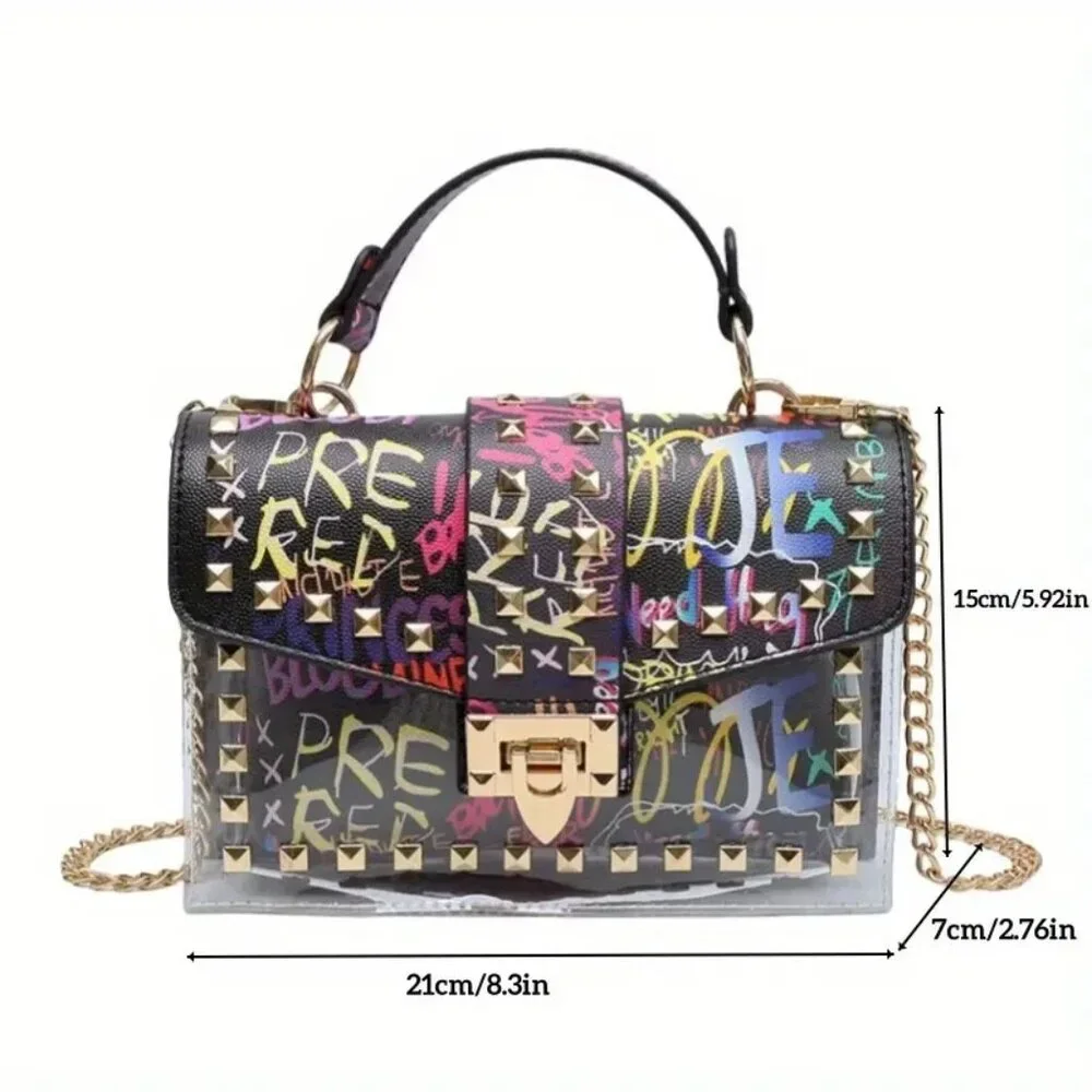 Graffiti Print Clear 2pc Crossbody Clutch w/ Studs & Removable Zippered Pouch - Picture 4 of 5